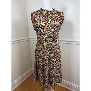 Tommy Hilfiger Women Floral Smocked Mock Neck Ruffle Midi Dress Navy Pink Size 8